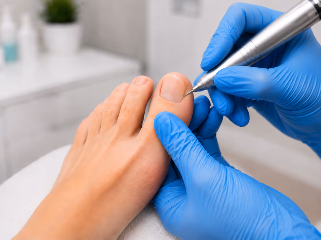 Podiatrist performing nail surgery on a patient's toe under local anaesthetic at Active Step in Fareham